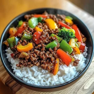 Spicy Ground Beef Stir-Fry Bowl with Garlic Veggies & Steamy Rice