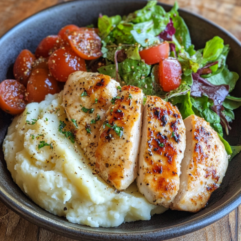 Golden Pan-Seared Chicken Breast with Creamy Mashed Potatoes & Fresh Garden Salad