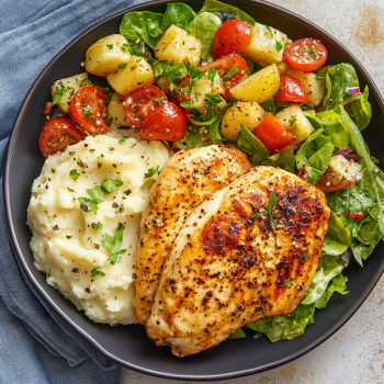 Golden Pan-Seared Chicken Breast with Creamy Mashed Potatoes & Fresh Garden Salad