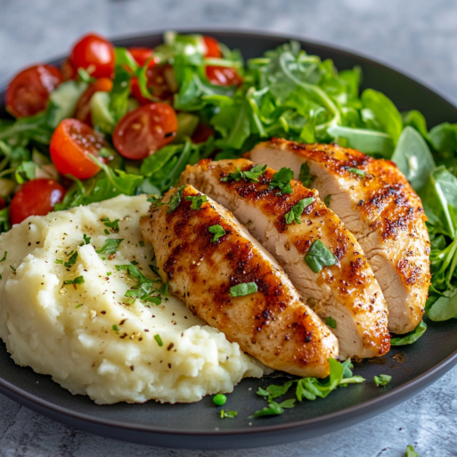 Golden Pan-Seared Chicken Breast with Creamy Mashed Potatoes & Fresh Garden Salad