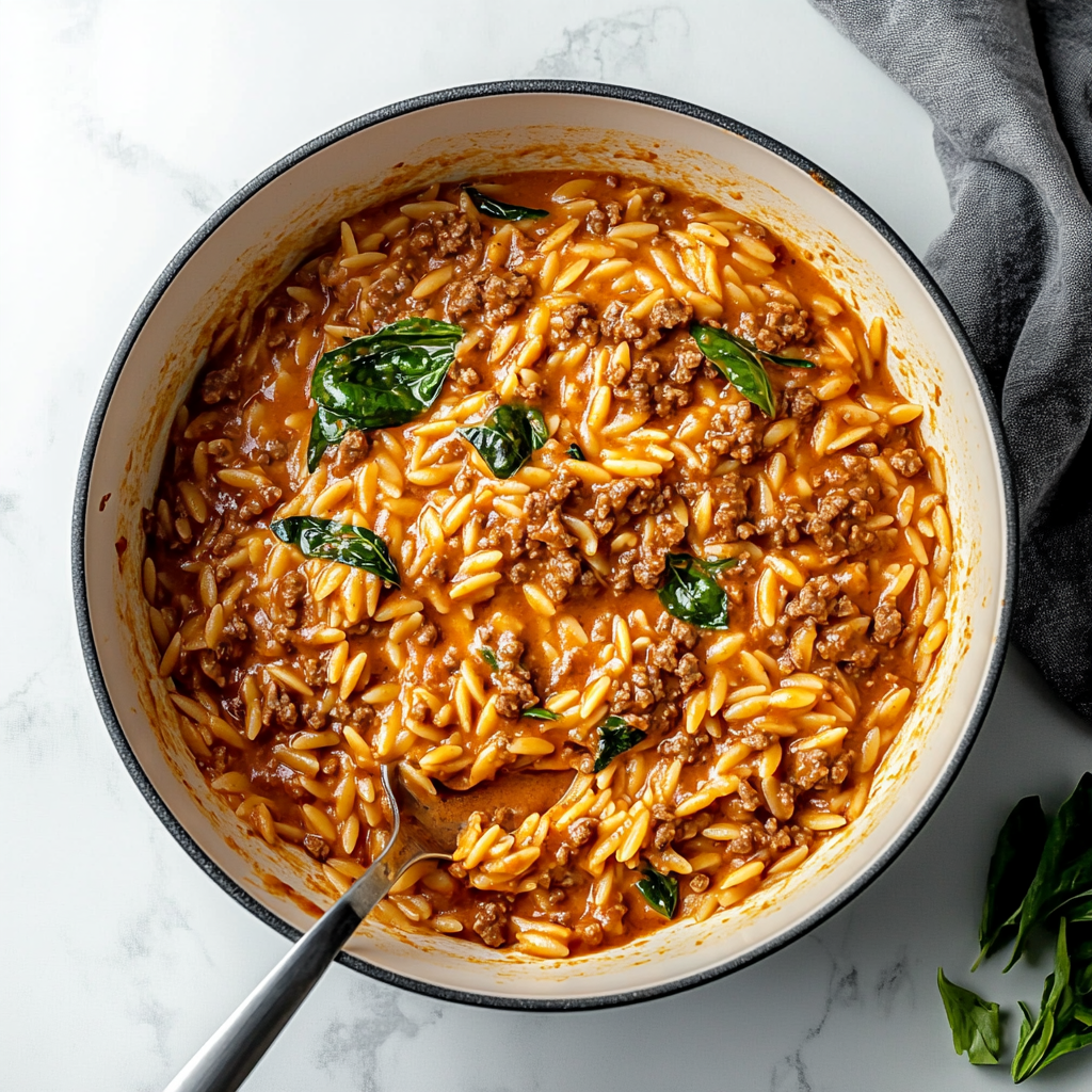 Hearty Ground Beef Orzo with Tomato Cream Sauce
