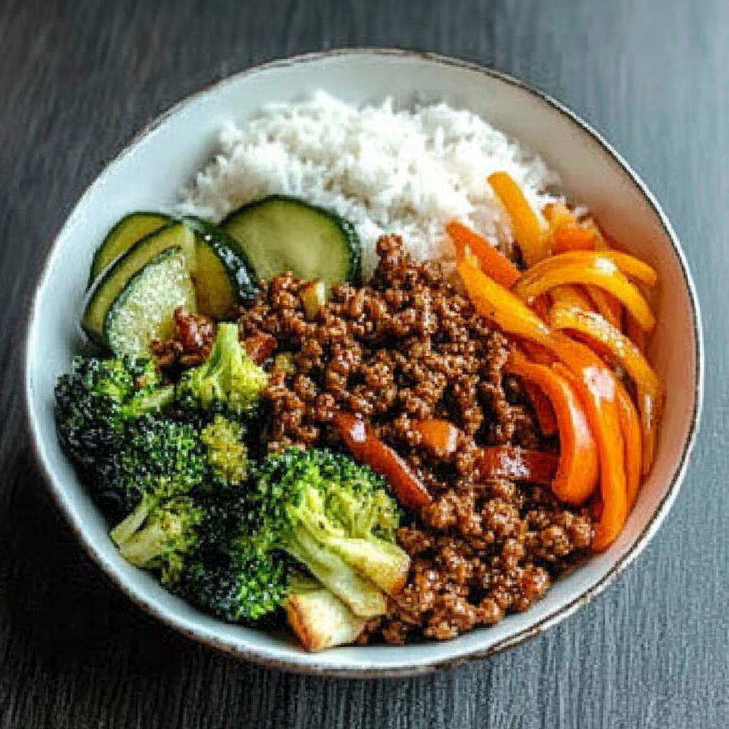 Spicy Ground Beef Stir-Fry Bowl with Garlic Veggies & Steamy Rice