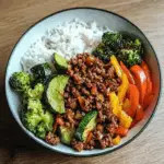 Spicy Ground Beef Stir-Fry Bowl with Garlic Veggies & Steamy Rice