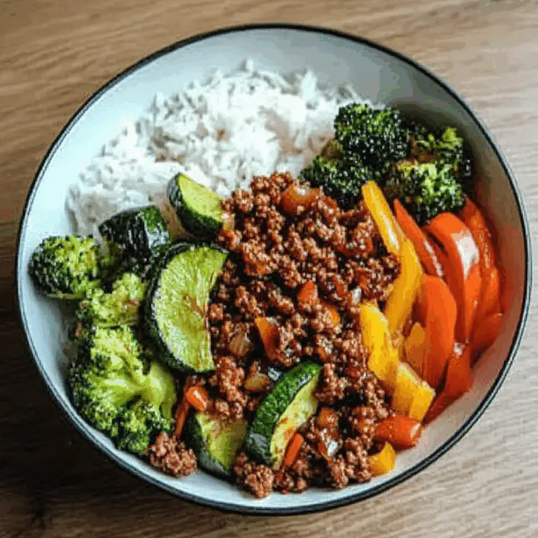 Spicy Ground Beef Stir-Fry Bowl with Garlic Veggies & Steamy Rice