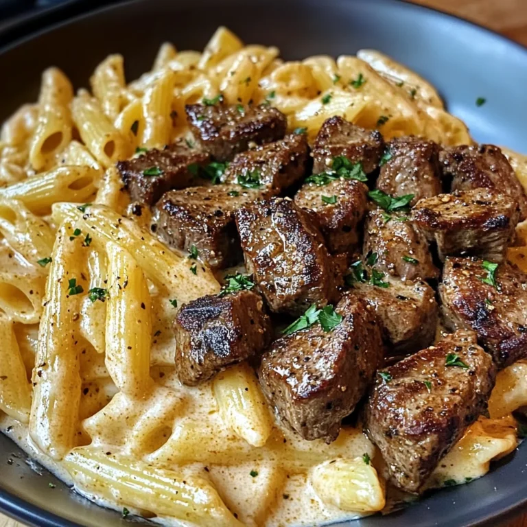 Cajun Steak Tips with Penne in Creamy Parmesan Cheese Sauce
