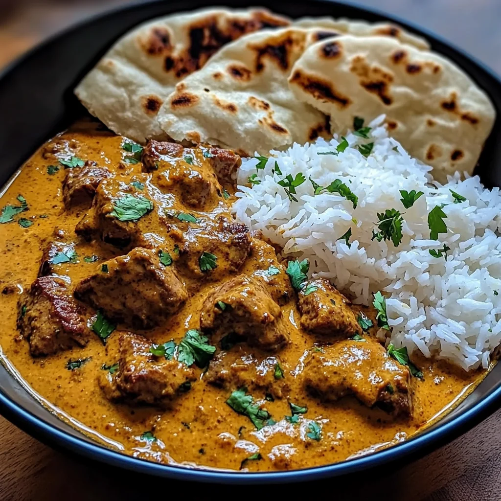 Coconut-Curry Braised Beef with Jasmine Rice & Garlic Naan
