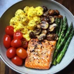 Salmon Power Bowl with Scrambled Eggs, Asparagus & Sauted Mushrooms