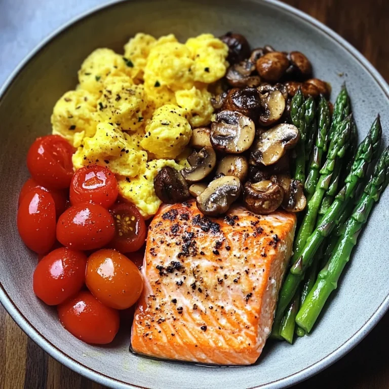 Salmon Power Bowl with Scrambled Eggs, Asparagus & Sauted Mushrooms