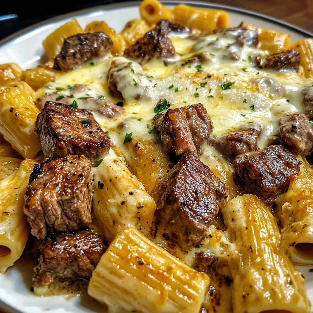 Cheesy Beef Rigatoni in Garlic Cream Sauce