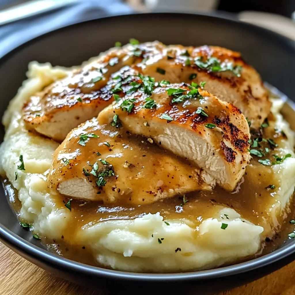 Chicken and Garlic Gravy with Cheesy Mashed Potatoes