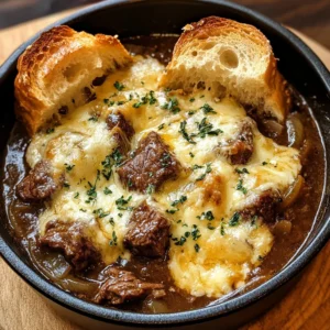 French Onion Beef Stew with Cheesy Bread Topping: A Cozy Gourmet Delight