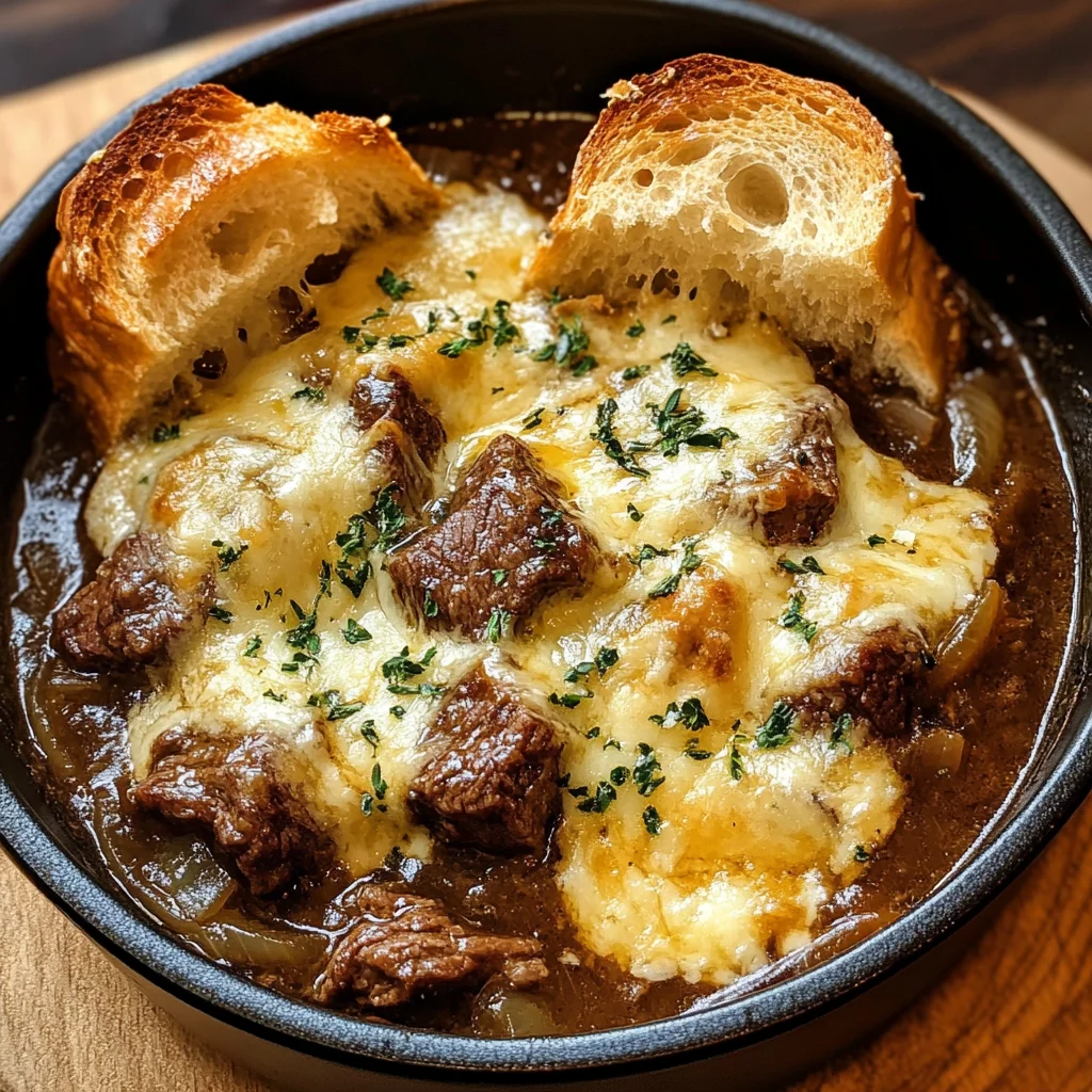 French Onion Beef Stew with Cheesy Bread Topping: A Cozy Gourmet Delight