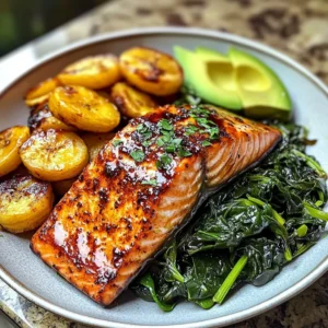 Glazed Salmon with Plantains, Spinach & Avocado Bliss Bowl