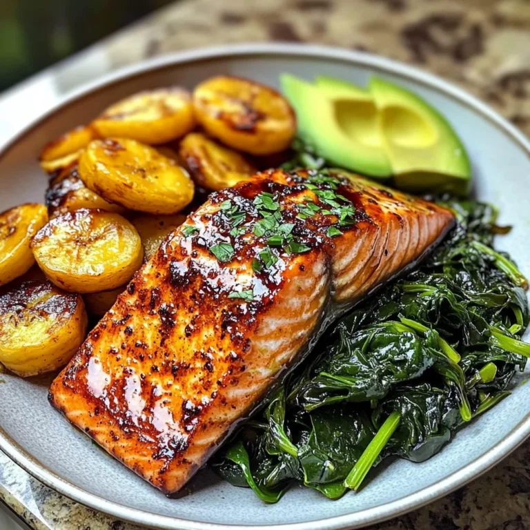 Glazed Salmon with Plantains, Spinach & Avocado Bliss Bowl