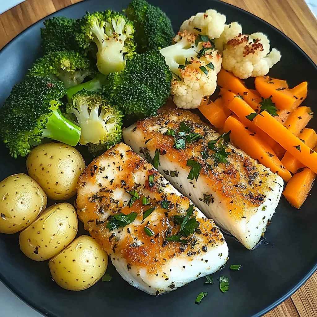 Herb-Crusted Fish with Steamed Veggies & Boiled Potatoes