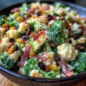 Amish Broccoli Salad with Cauliflower, Turkey Bacon & Raisins