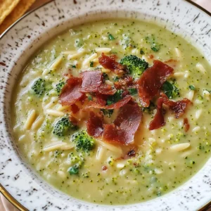 Broccoli Cheddar Orzo Soup with Crispy Prosciutto