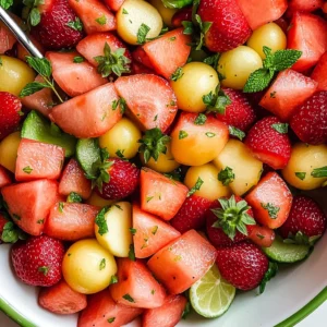 Melon Strawberry Salad with Lime Mint Dressing