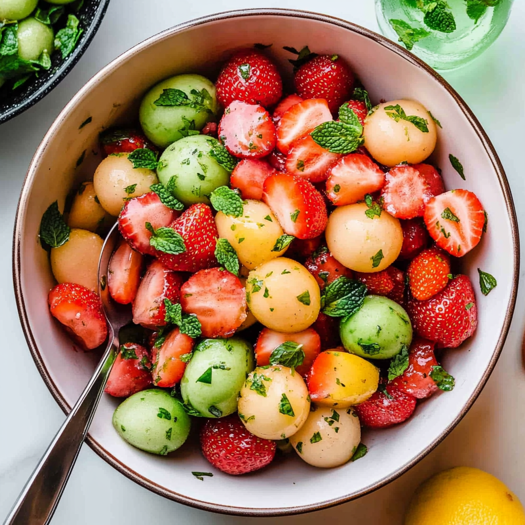 Melon Strawberry Salad with Lime Mint Dressing