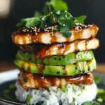 Teriyaki Chicken Avocado Rice Stack