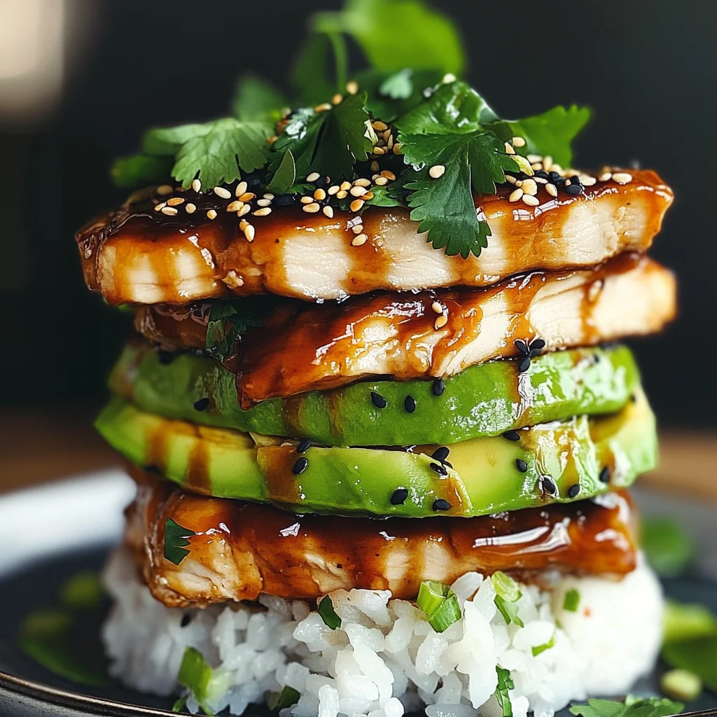Teriyaki Chicken Avocado Rice Stack