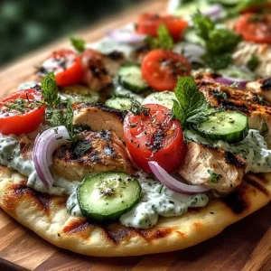 Creamy Greek Chicken Flatbread with Tzatziki, Cucumbers, Tomatoes and Red Onion