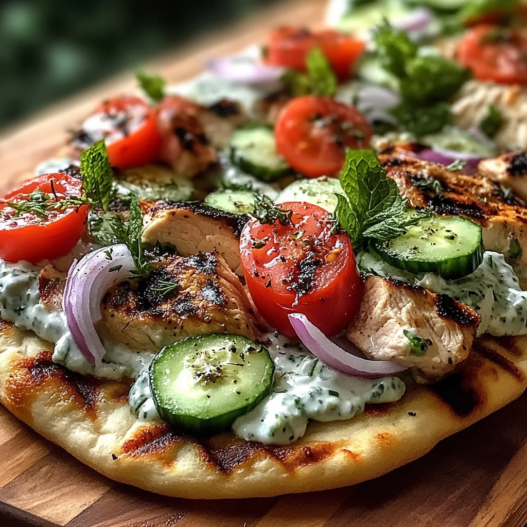 Creamy Greek Chicken Flatbread with Tzatziki, Cucumbers, Tomatoes and Red Onion