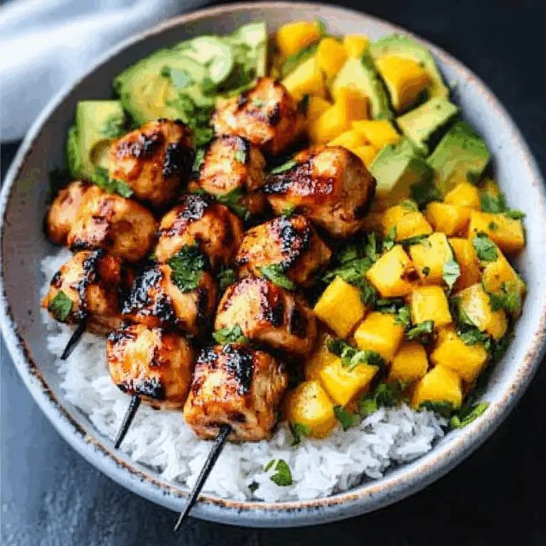 Grilled Maple Sriracha Chicken Bites with Coconut Rice & Mango Avocado Salsa Bowl with Chili Mayo