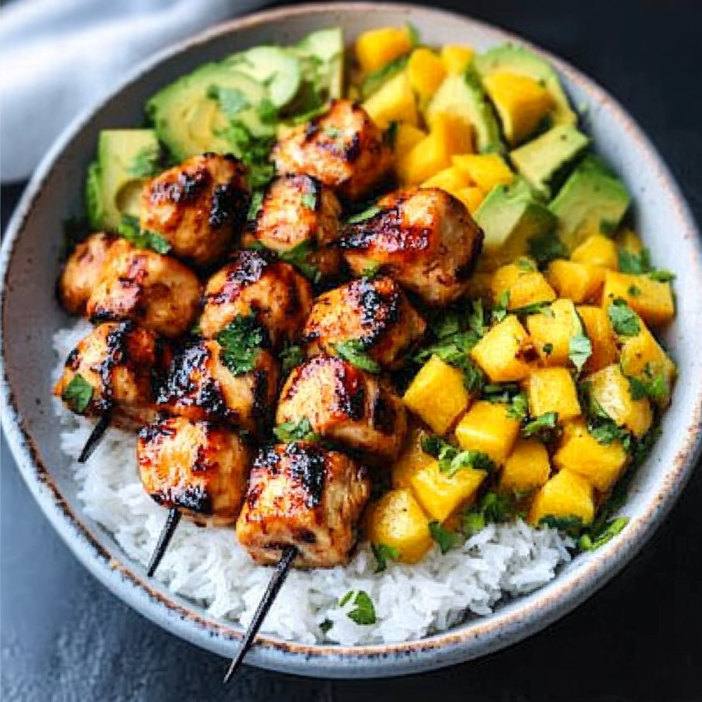 Grilled Maple Sriracha Chicken Bites with Coconut Rice & Mango Avocado Salsa Bowl with Chili Mayo