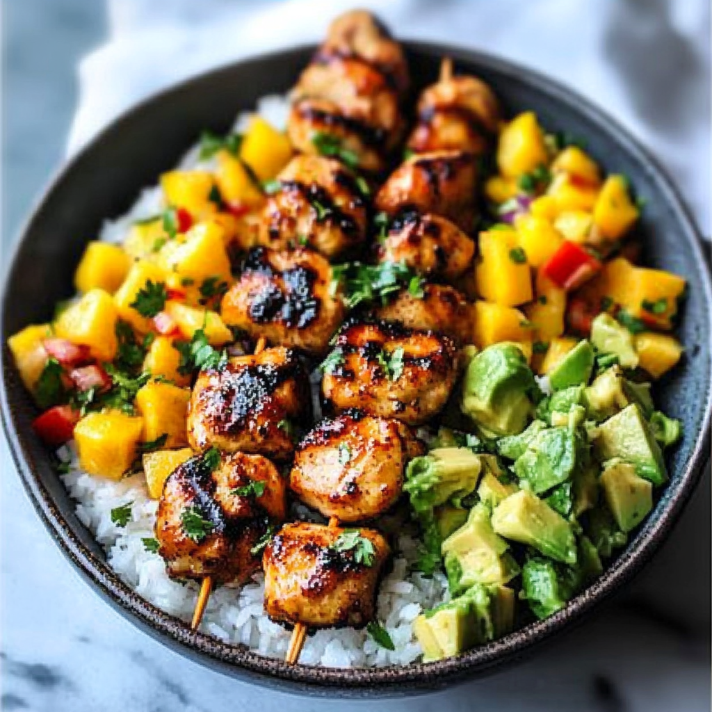 Grilled Maple Sriracha Chicken Bites with Coconut Rice & Mango Avocado Salsa Bowl with Chili Mayo