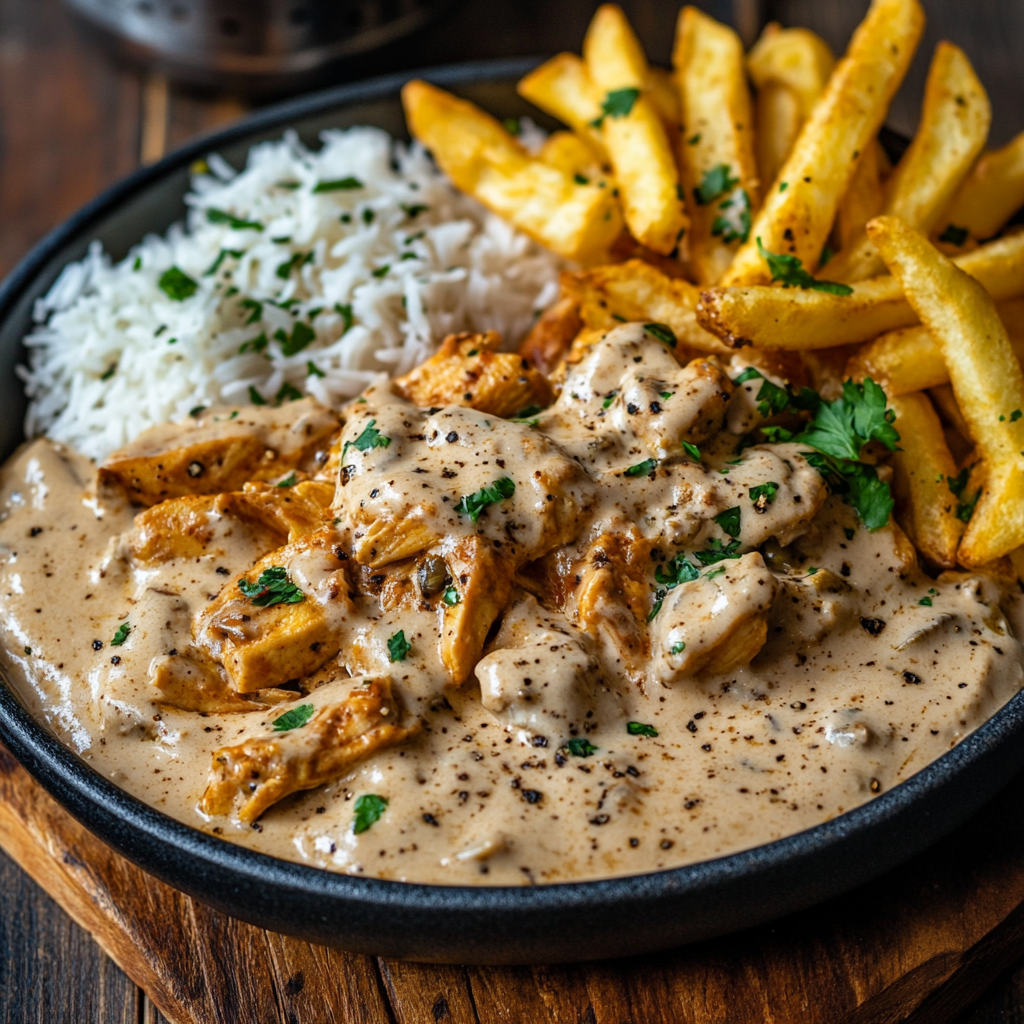 Creamy Chicken &Turkey Bacon Stroganoff with Garlic Naan, Rice & Crispy Fries