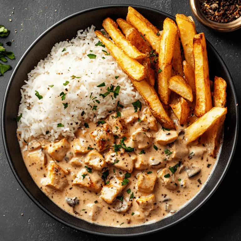 Creamy Chicken &Turkey Bacon Stroganoff with Garlic Naan, Rice & Crispy Fries