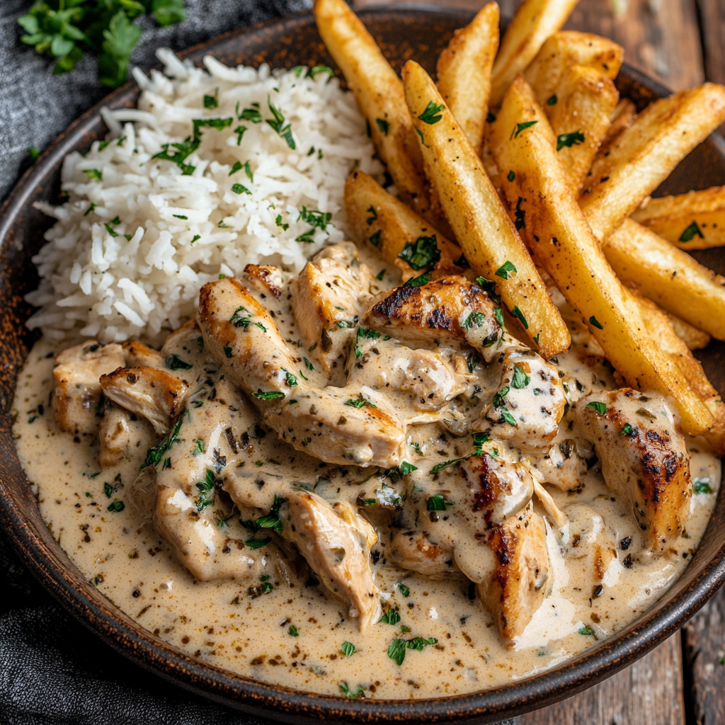Creamy Chicken &Turkey Bacon Stroganoff with Garlic Naan, Rice & Crispy Fries