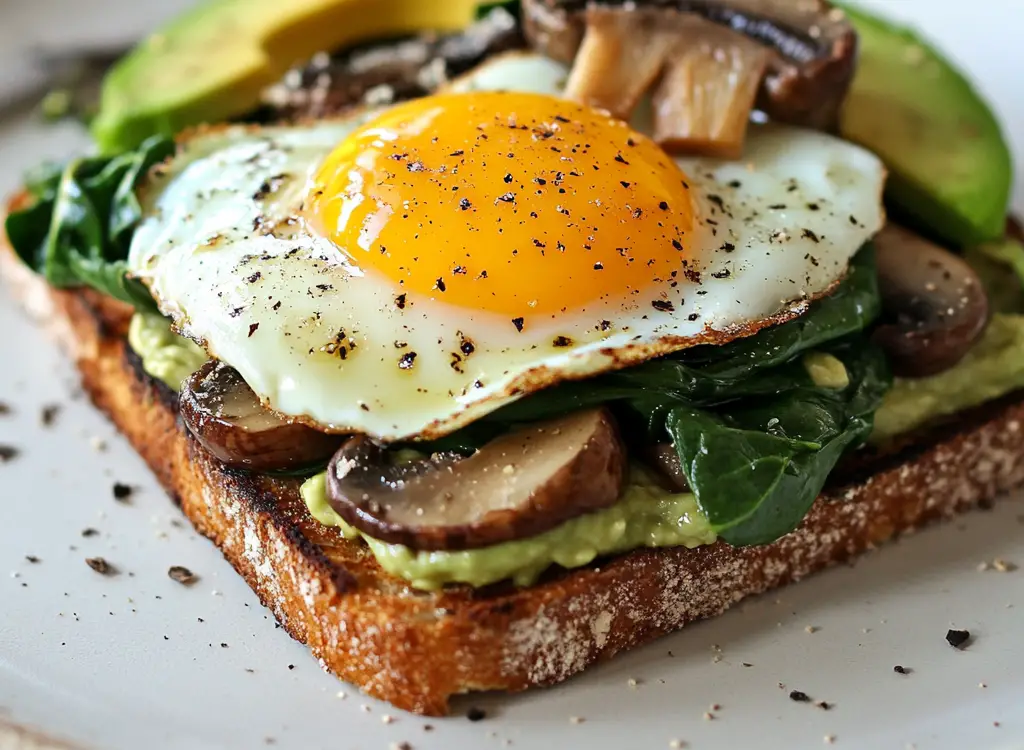 Sunny Eggs with Sauted Spinach, Mushrooms & Avocado Toast